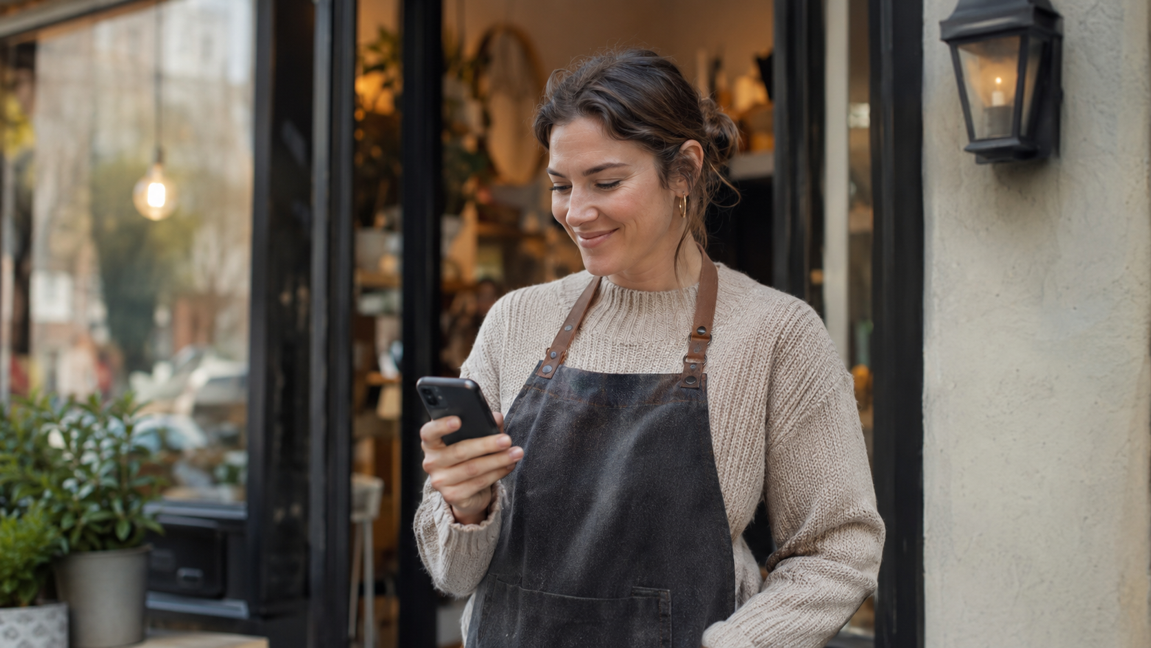 A small business owner standing just outside their storefront, checking their Google Business Profile listing on a smartphone with a satisfied, confident expression.